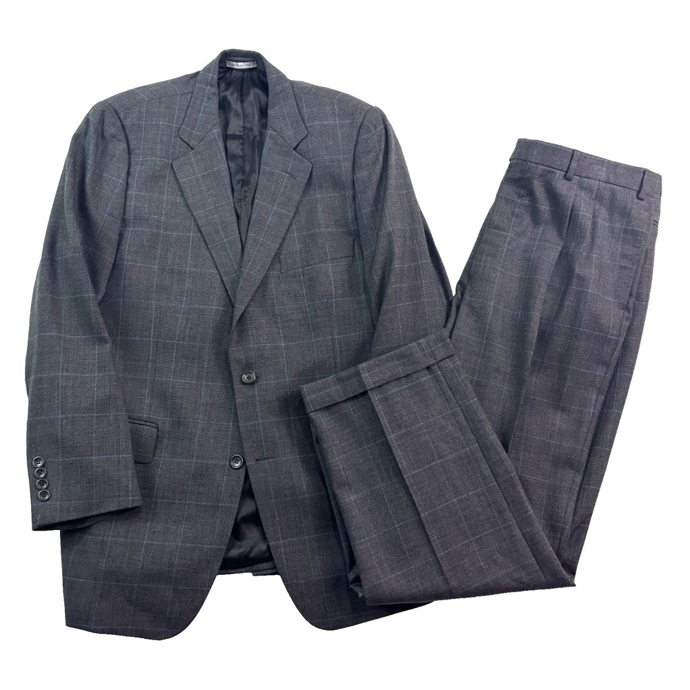 vtg 90s Bill Blass Platinum 43R 38x30 2pc Pant Suit‎ Charcoal Windowpane Italy